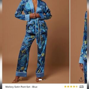 Blue Satin Pant Set with Floral Design